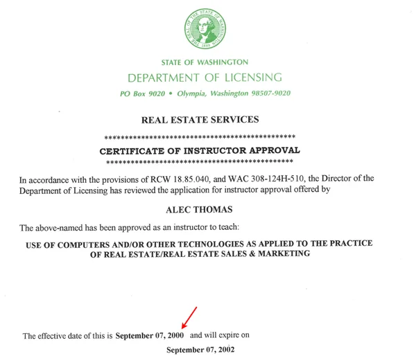 Washington State Department of Licensing instructor approval for Alec Thomas showing an effective date of September 7, 2000