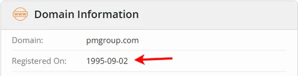 PMGroup.com domain information showing a registration date of 1995-09-02