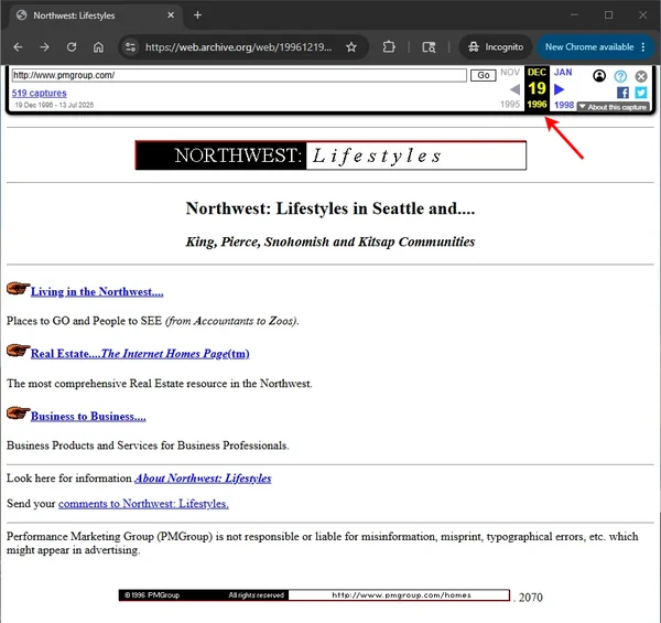 Archived PMGroup website shown in the Wayback Machine with a December 19, 1996 capture date